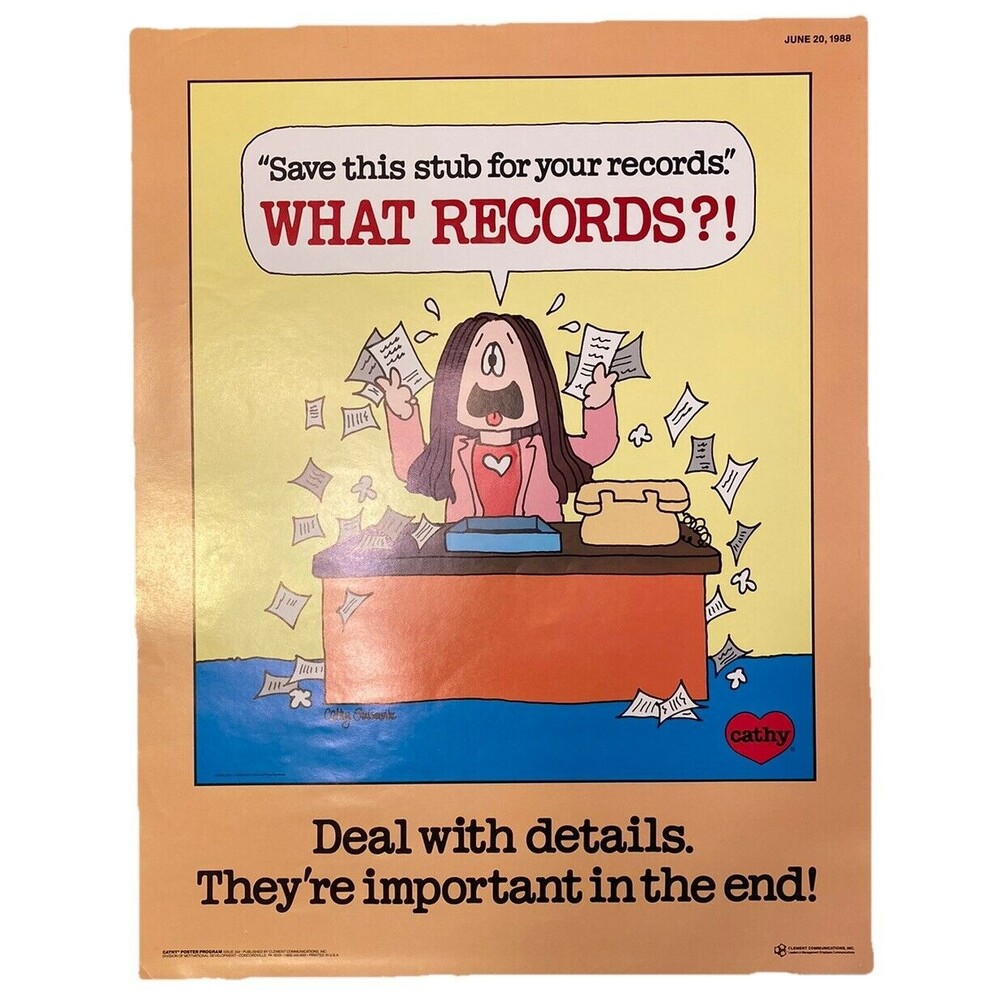 VTG CATHY Comic Strip "Deal with Details" Office Motivational Poster- Guisewite